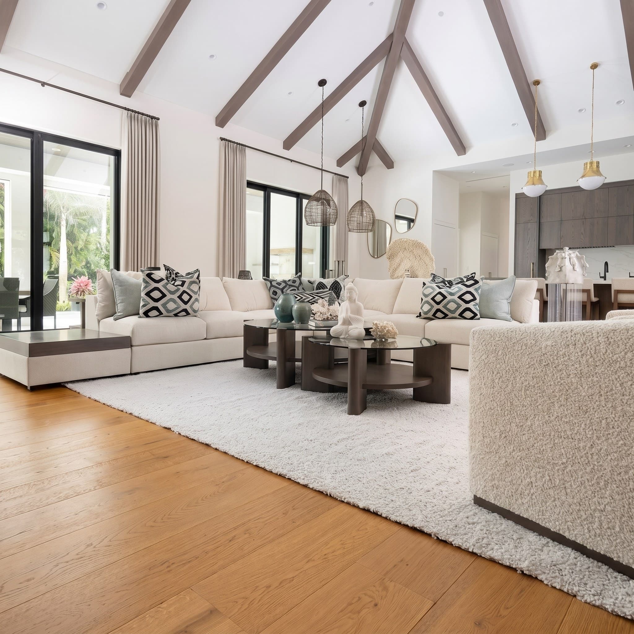 A Naples living room with white-oak flooring in a warm golden amber finish