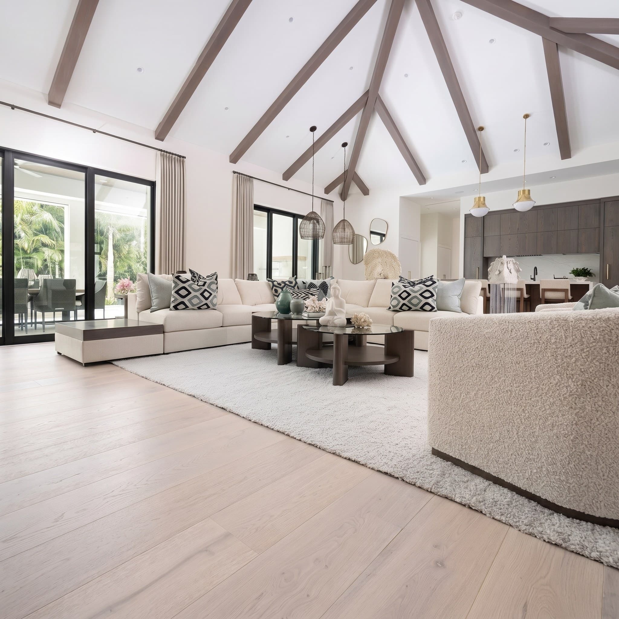 A Naples living room with white-oak flooring in a soft scandinavian blonde finish