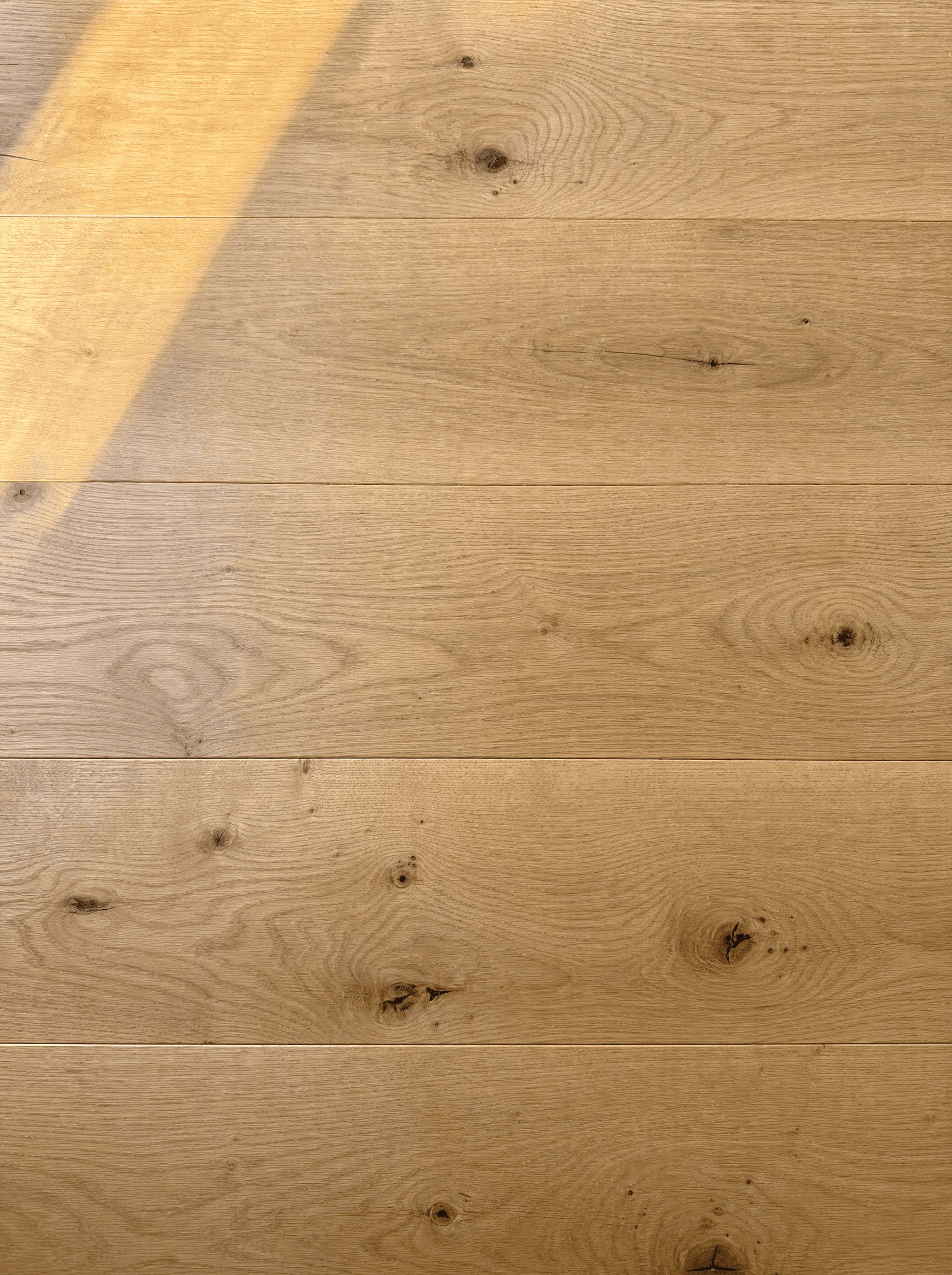 Close-up of wide-plank European white oak with a matte hard-wax oil finish — open natural pores, warm light, no surface sheen
