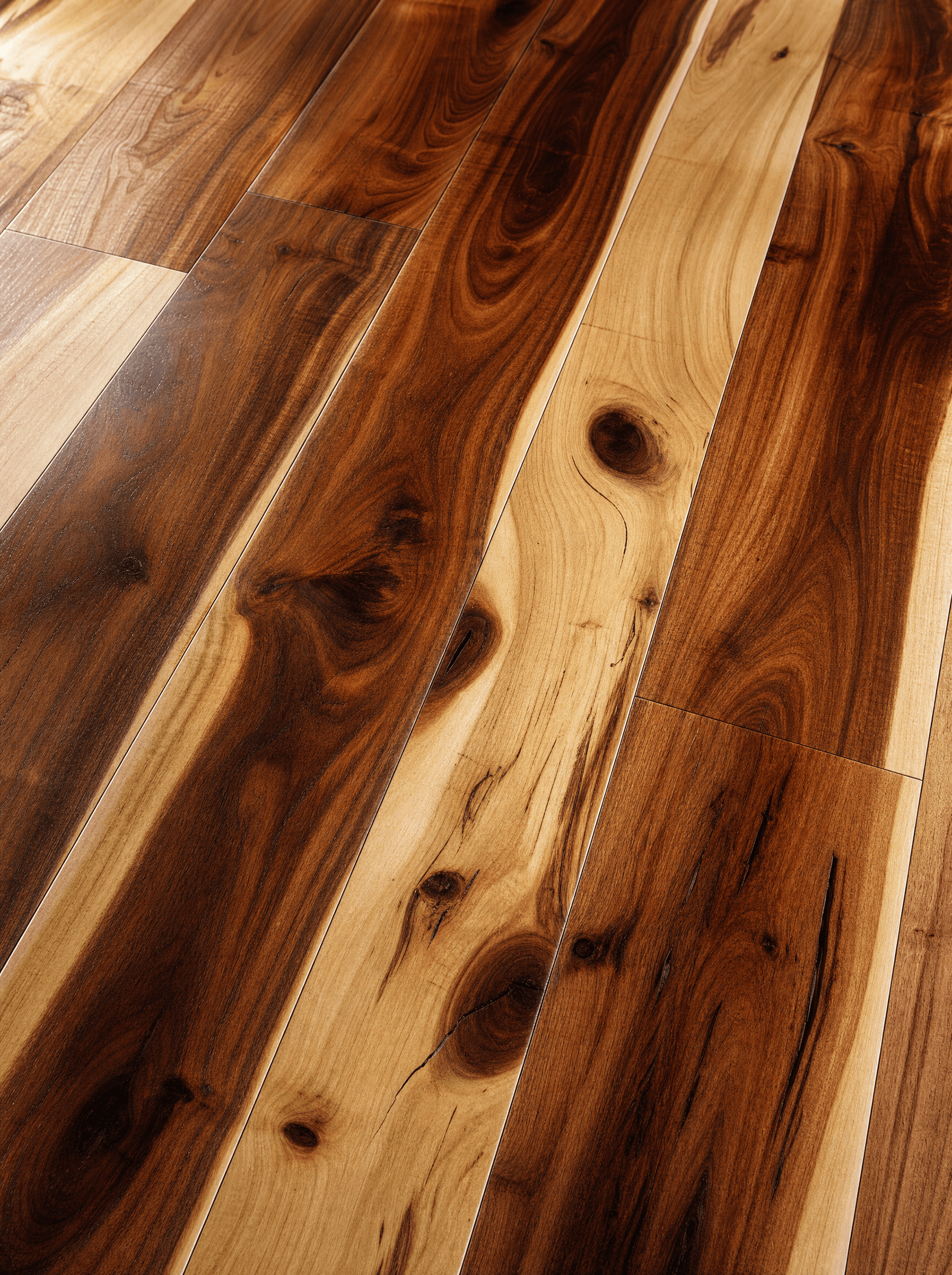 Ultra-realistic macro of character-grade hickory wide-plank flooring, pale cream sapwood against dark reddish heartwood, knots and character grain