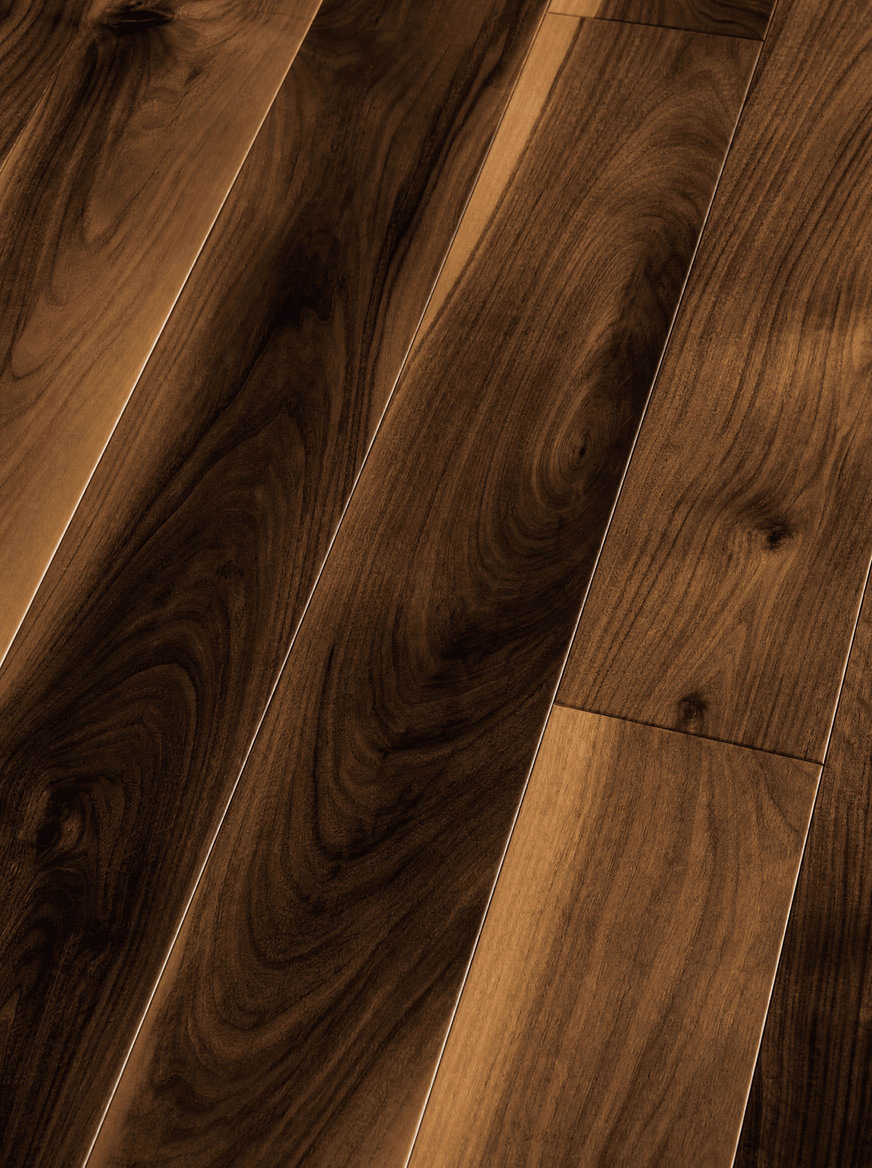 Ultra-realistic macro of American black walnut wide-plank flooring, rich chocolate-brown grain with honey warmth, raking afternoon light