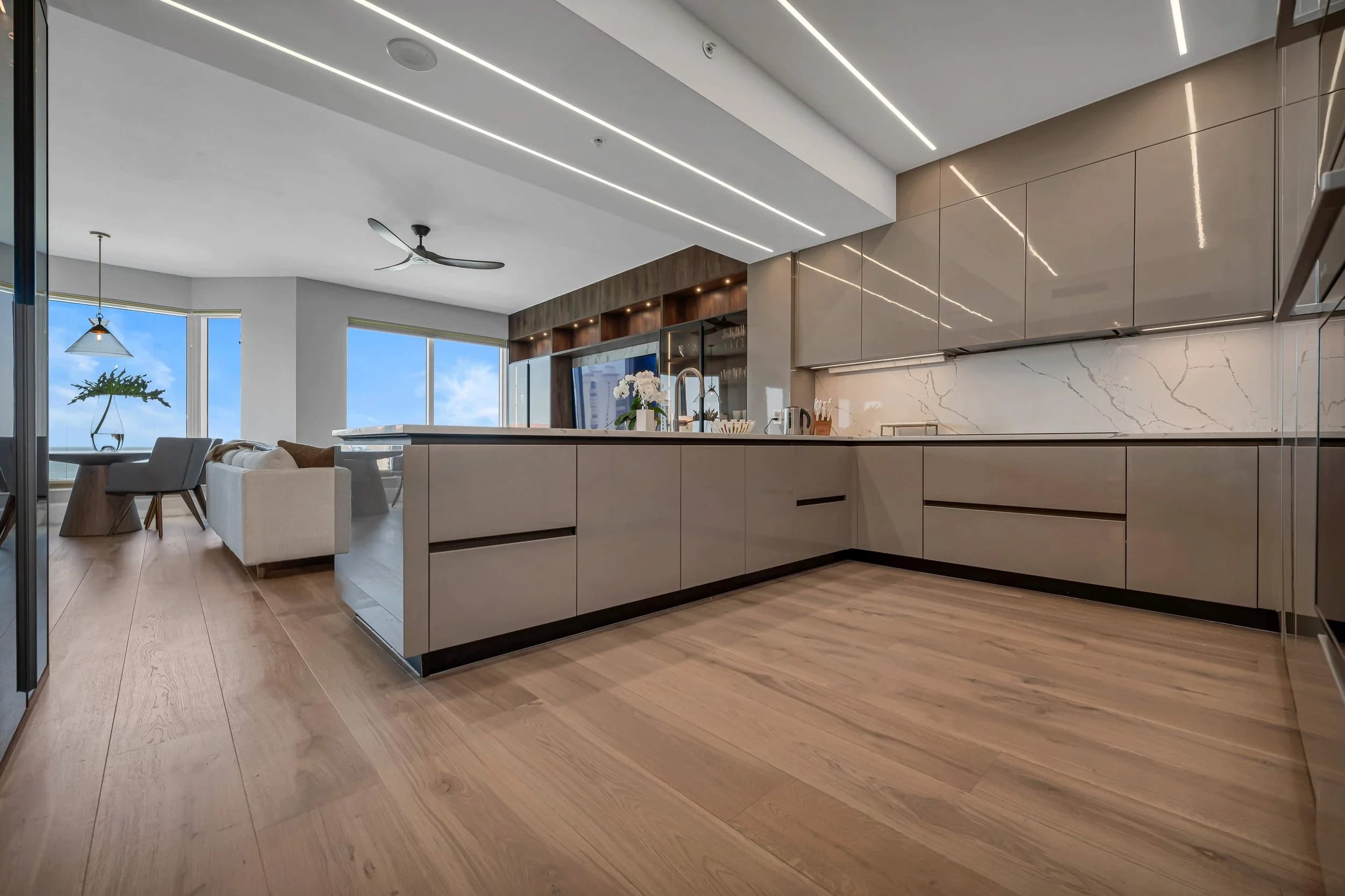 A finished Bay Colony kitchen, the new floor handed back clean