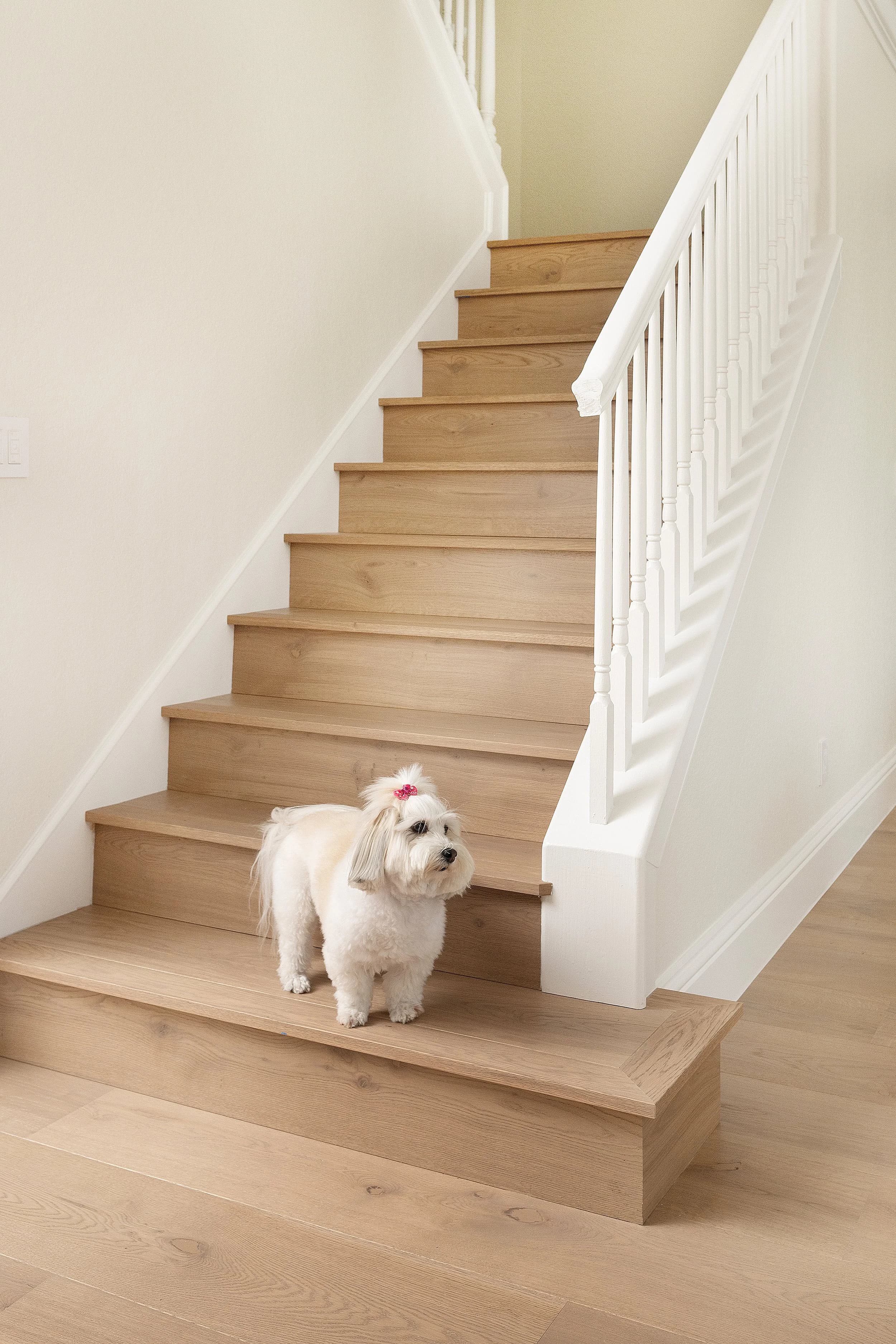 A Pelican Bay stair run in wide-plank RIVA European white oak.
