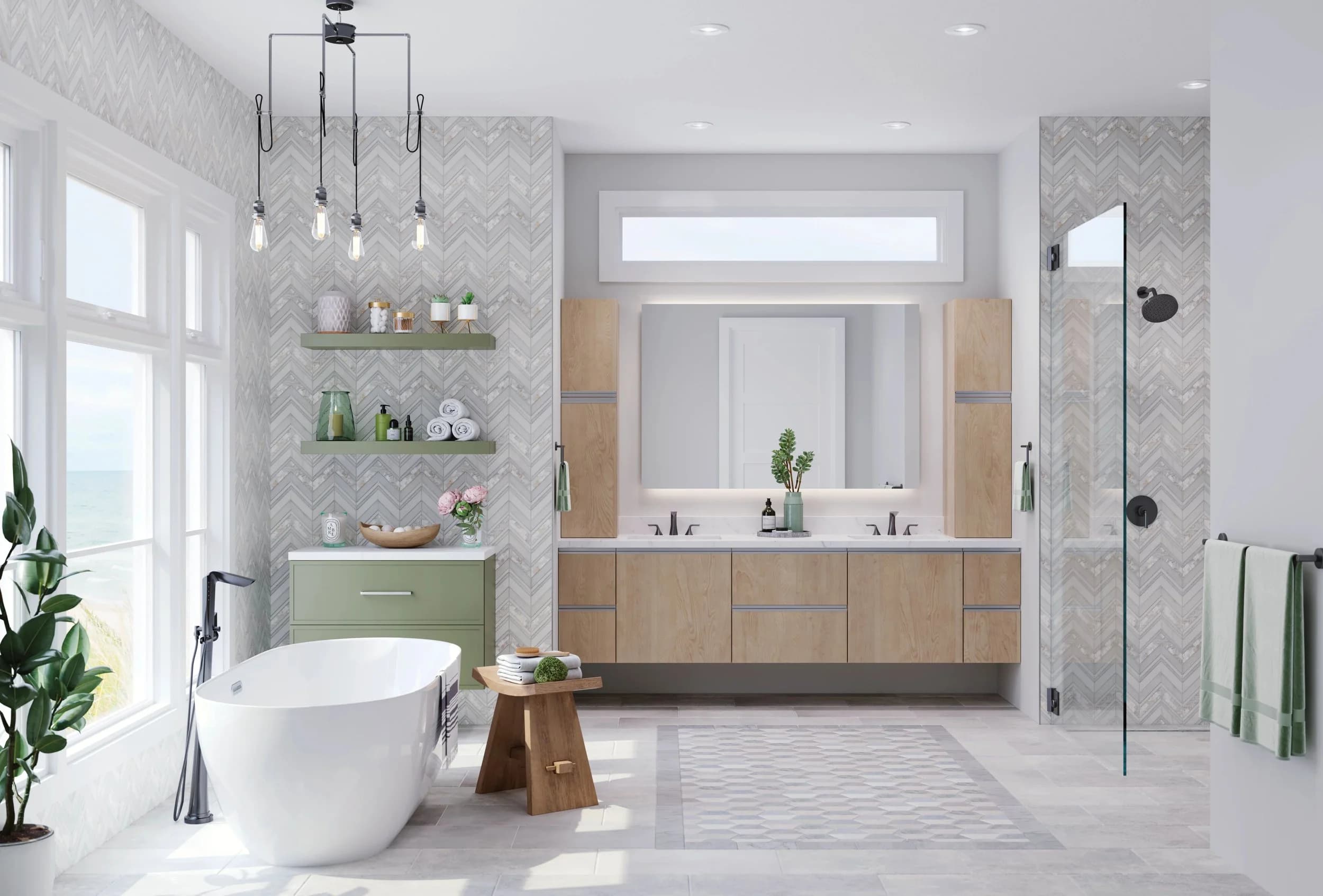 Bright Naples bath with marble-look large-format porcelain on the walls and a freestanding tub
