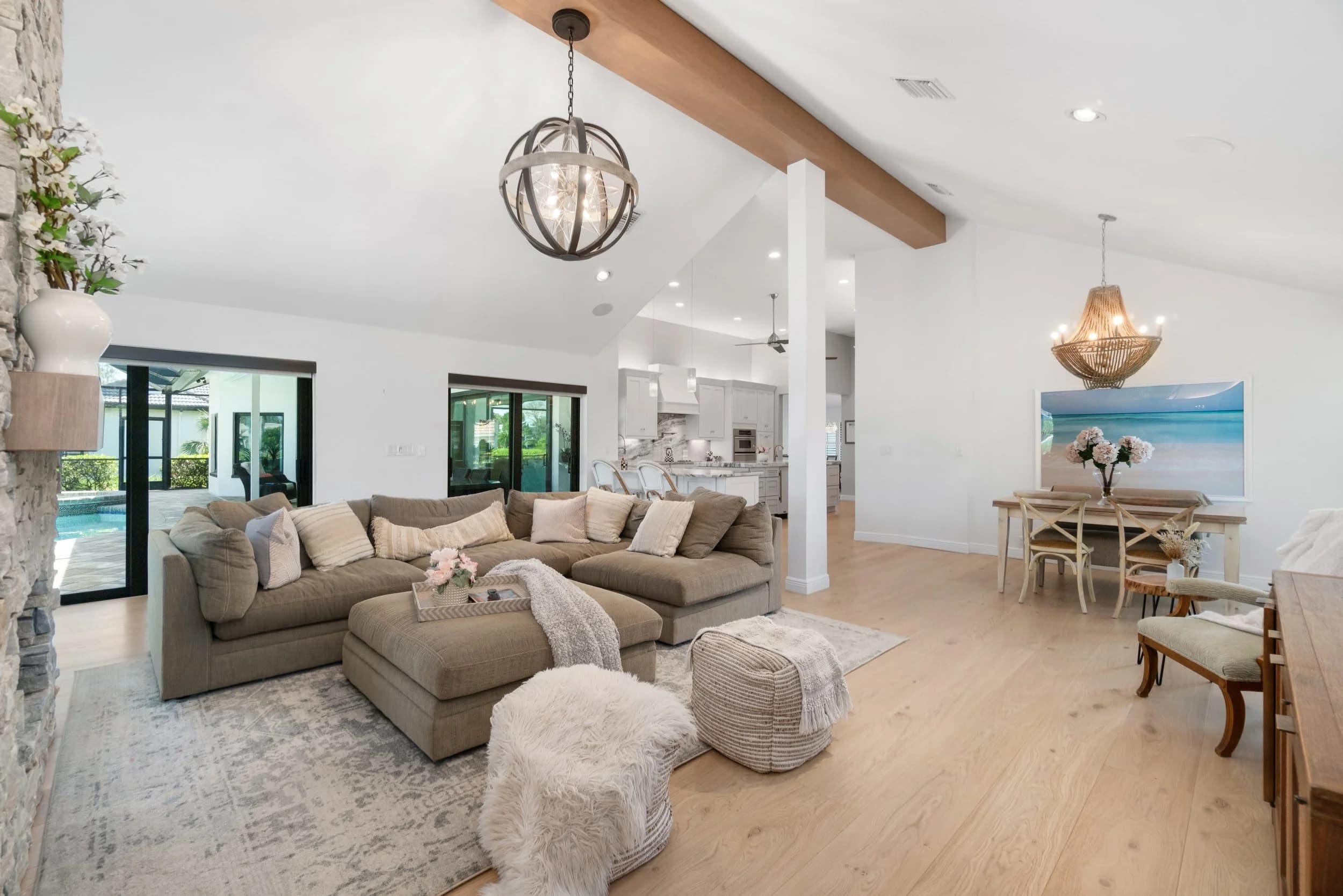 Great room. Exposed beams, scale, and the afternoon light.