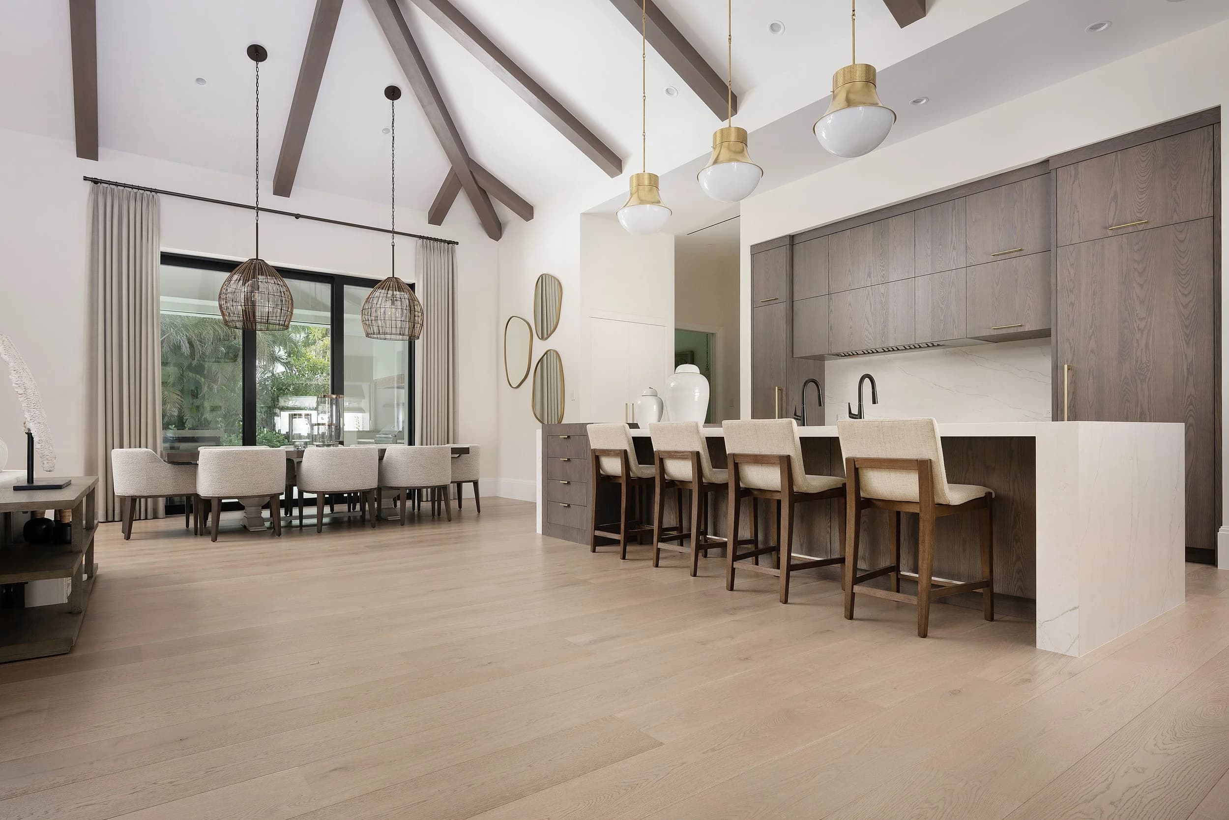 Open kitchen. Vaulted and beamed, oak run out to the dining.