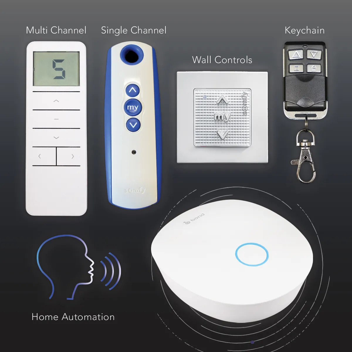 Multi-channel, single-channel, wall, keychain, and smart-home screen controls
