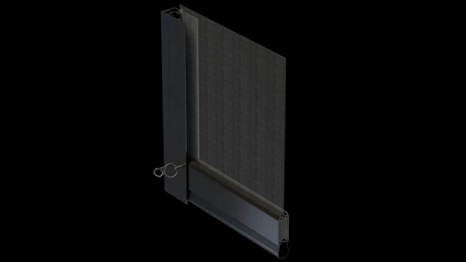 Cutaway of a reinforced exterior screen track and fabric system