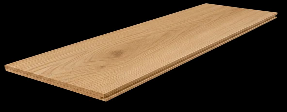 Illustrative RIVA engineered oak board, with a wood surface above layered support